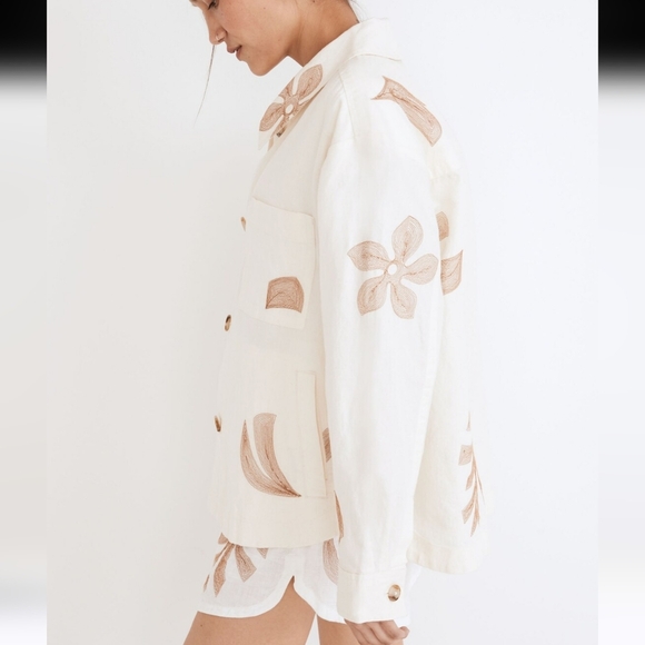 Madewell New Cream Embroidered Linen Tropical Floral Shirt Jacket Size Large - Picture 4 of 15